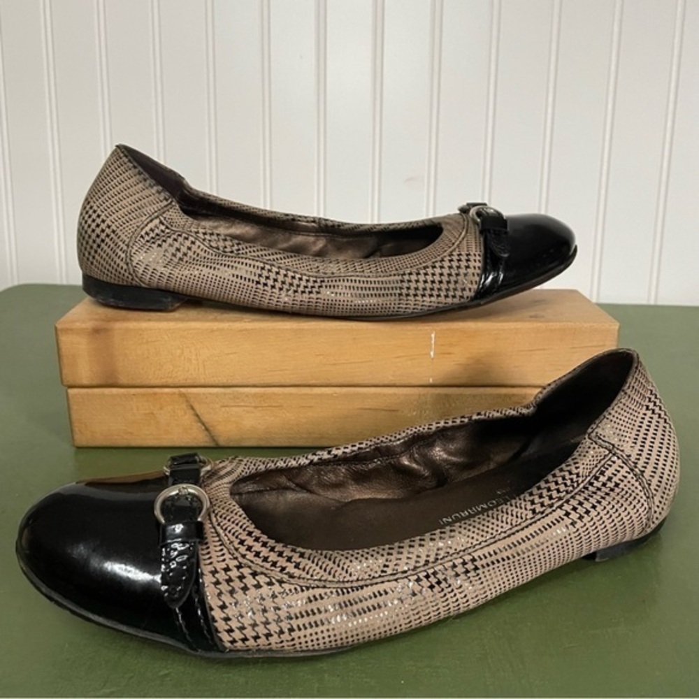 AGL Tweedy Leather Ballet Flats w Patent Toe Caps & Decorative Buckles